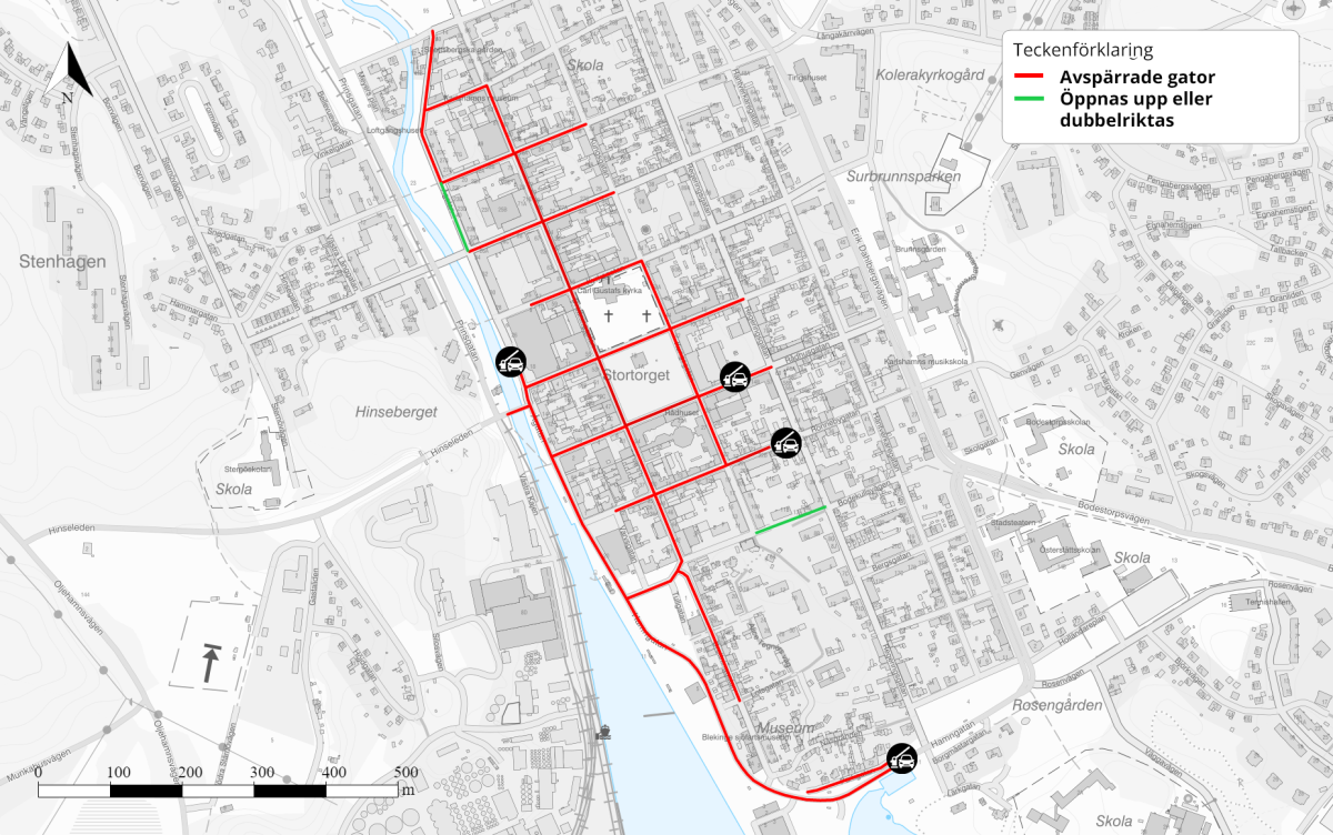 Karta över avspärrade vägar på festivalområdet.